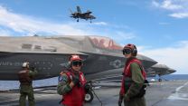 F35B Lightning Jet pilots of 617 Squadron conducts a fly pass HMS Queen Elizabeth 20210814 Credit MOD Crown Copyright.jpg