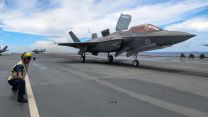 F-35B Lightning jet takes off from HMS Queen Elizabeth (Picture: MOD). F35B Lightning Jet pilots takes off from HMS Queen Elizabeth 617 Squadron welcome two pilots 20210814 Credit MOD Crown Copyright.jpg