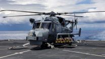 HMS Dragon's Wildcat HMA Mk2 helicopter, seen here armed with Martlet lightweight Anti-ship missiles