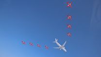 Flanked by the distinctive Hawk jets of the Royal Air Force Aerobatic Team, a Poseidon MRA1 (P-8A) Maritime Patrol aircraft carries out a flypast over Scotland (Picture: MOD).