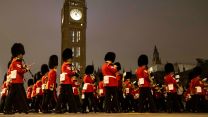 Guards walk past the Houses of Parliament as they rehearse for HM The Queen's funeral (Picture: MOD).
