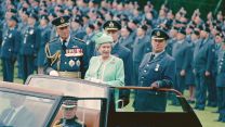 HM The Queen reviews a parade before the presentation of the new Royal Observer Corps Standard at RAF Bentley Priory 