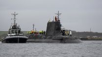 HMS Anson leaving BAE Systems Barrow in Furness fifth Astute-Class attack submarine begins sea trials 3 190223 CREDIT MOD