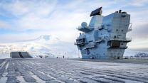 HMS Prince of Wales at volcanic island of Jan Mayen in Arctic Ocean 130422 CREDIT Royal Navy