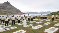 Sailors from HMS Protector paid tribute to legendary Antarctic explorer Sir Ernest Shackleton in South Georgia (Picture: Royal Navy). HMS Protector sailors pay respect to legendary Antarctic explorer Ernest Shackleton 14122021 CREDIT Royal Navy.jpg