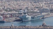 Royal Navy flagship HMS Queen Elizabeth led CSG21 into Cyprus in June (Picture: Cpl Phil Dye/RAF). HMS Queen Elizabeth in Cyprus after Op Shader role unknown date CREDIT Cpl Phil Dye RAF Akrotiri .jpg