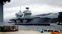 HMS Queen Elizabeth in the Firth of Clyde, Scotland, berthing at the Glen Mallan ammunition jetty 