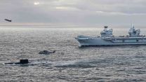 HMS Queen Elizabeth, HNoMS Utstein, 820NAS Merlin and a F35B taking off 09112023 CREDIT Royal Navy