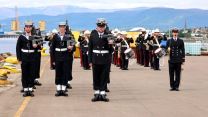 HMS Spey's crew about to start marching during the commissioning service for the ship