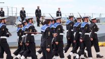 HMS Spey's crew marching during the commissioning service 