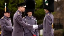 HRH Prince of Wales presents members of the Welsh Guards with handmade leeks