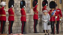 Her Majesty the Queen arriving at the dais before the start of The Queen’s Birthday Parade
