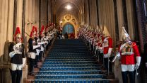 Household Cavalry Mounted Regiment cavalrymen line the steps of the House of Lords at the State Opening of Parliament (Picture: MOD).