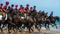 Household Cavalry on the beach in Norfolk closely 050719 Credit MOD