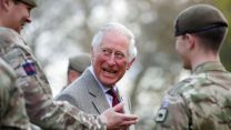 IMAGE ID 2FM160P Prince Charles addresses troops during visit to Welsh Guards at Combermere Barracks as regiment's colonel (Picture: Reuters/Peter Cziborra/Alamy Stock Photo).