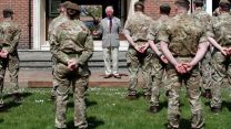 IMAGE ID 2FM160P Prince Charles addresses troops during visit to Welsh Guards at Combermere Barracks as regiment's colonel (Picture: Reuters/Peter Cziborra/Alamy Stock Photo).