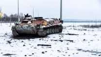 A disabled Russian armoured personnel carrier (APC) on the northern outskirts of Kharkiv, Ukraine, on 26 February 