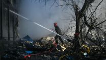 Image ID 2HTM3MF Firefighters respond to Russian rocket hit Kyiv TVTower killing five,citywide tvsignal outage CREDIT Justin Yau, SipaUSA,Alamy Stock.jpg