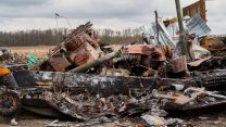 Russian tank at the cemetery of Russian equipment in Ukraine