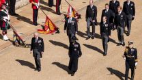 Members of the Royal Family, taking part in Prince Philip's funeral procession from the State Entrance at Windsor Castle (Picture: MOD).
