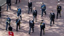 	Memers of the Royal Family, including King Charles, during the Queen's coffin procession 