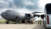 Military personnel arriving at RAF Brize Norton, seen departing from a RAF C-17 aircraft, after leaving Afghanistan where troops were deployed to help the UK's evacuation from Kabul airport