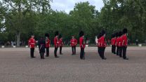 Personnel from 1st Battalion Coldstream Guards rehearsing at Wellington Barracks for the first Changing of the Guard ceremony since the start of the COVID-19 pandemic 