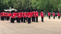 Personnel from 1st Battalion Coldstream Guards rehearsing at Wellington Barracks, London, for the first Changing of the Guard ceremony since the start of the coronavirus pandemic