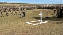 Personnel honour the fallen at a Remembrance service in the Falklands.