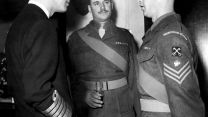 Prince Philip at Coldstream Guards Sergeants Mess with RSM F Pickford on left and Staff Sergeant RT Millmore on right