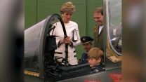 The Princess of Wales watching Prince Harry getting acquainted with a Harrier GR5 in 1991 (Picture: PA/Alamy).
