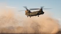 Joint Helicopter Support Squadron (JHSS) personnel underneath an RAF Chinook whilst deployed in California