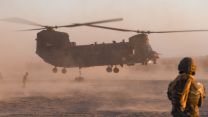 Joint Helicopter Support Squadron (JHSS) personnel underneath an RAF Chinook whilst deployed in California