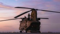 Joint Helicopter Support Squadron (JHSS) personnel underneath an RAF Chinook whilst deployed in California