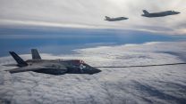 RAF Typhoons and F-35Bs joined US F-15 fighters, B-1 Lancers and B-52 strategic bombers during training in the North Sea region (Picture: RAF). RAF Fighter Jets, Air to Air Refuelling air exercise with US Air Force Europe, Bomber Task Force season close 10112021 Credit RAFjpg.jpg