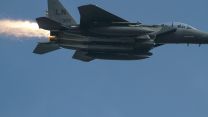 Sparks fly from an F-15 jet taking off from RAF Lakenheath (Picture: Ian Simpson).