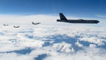 RAF Typhoons simulating an interception of a US B-52 during an exercise whilst deployed on NATO's Air Policing Mission in the Baltics 
