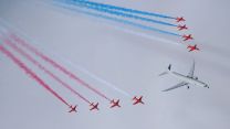 The RAF's newest submarine-hunter aircraft during first flight in July with Red Arrows over RAF Lossiemouth (Picture: RAF). RAF's new submarine-hunter aircraft first flight with Red Arrows over RAF Lossiemouth 20210721 CREDIT RAF.jpg