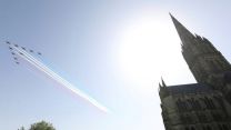 Red Arrows flying over Salisbury cathedral