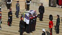 A Royal Marines Bearer Party with Prince Philip's coffin at St George's Chapel (Picture: MOD).