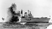 Royal Navy aircraft carrier HMS Invincible undergoing full ship shock trials in the Solent, off Portsmouth