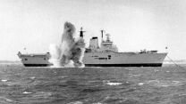 Royal Navy aircraft carrier HMS Invincible undergoing full ship shock trials in the Solent, off Portsmouth