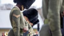 Royal Welsh Guards bow their heads during rehearsals for the Duke of Edinburgh's funeral (Picture: MOD).