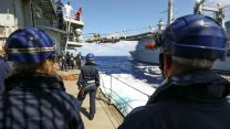 Sailors watch fuel probe comeacross to HMS Kent as she conducts a replenishment at sea (RAS) with RFA Fort Victoria 20210818 Credit MOD Crown Copyright.jpg
