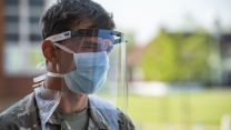 Soldier from Grenadier Guards at Dulwich coronavirus mobile testing unit