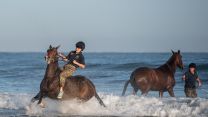 Soldiers and horses from The King's Troop Royal Horse Artillery exercise in the sea at Holkham in Norfolk
