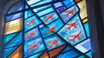 Stained glass, including Red Arrows depiction, which pays tribute to RAF Scampton 160421 CREDIT MOD