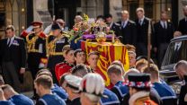 The Bearer Party formed of personnel from The Queen’s Company, 1st Battalion The Grenadier Guards, during the Queen's funeral
