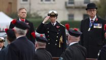 The Princess Royal, HRH Princess Anne (centre), Vice admiral Johnson (right), and Secretary of State for Defence, The Rt Hon Grant Shapps MP take the salute on Horseguards for Remembrance Sunday (Picture: MOD).
