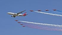 	The Royal Air Force Aerobatic Team – The Red Arrows conduct a flypast with Vespina RAF Voyager from RAF Brize Norton at RIAT